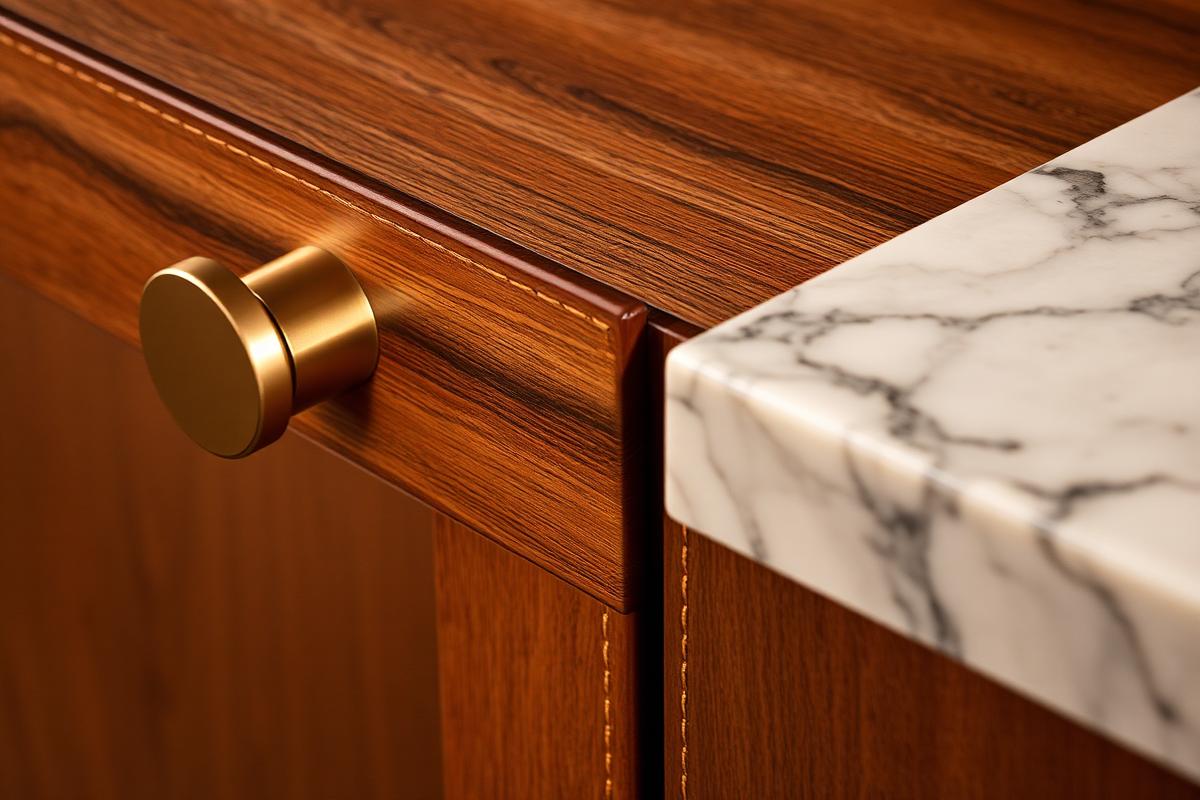 Bronze hardware, walnut and marble finish detail
