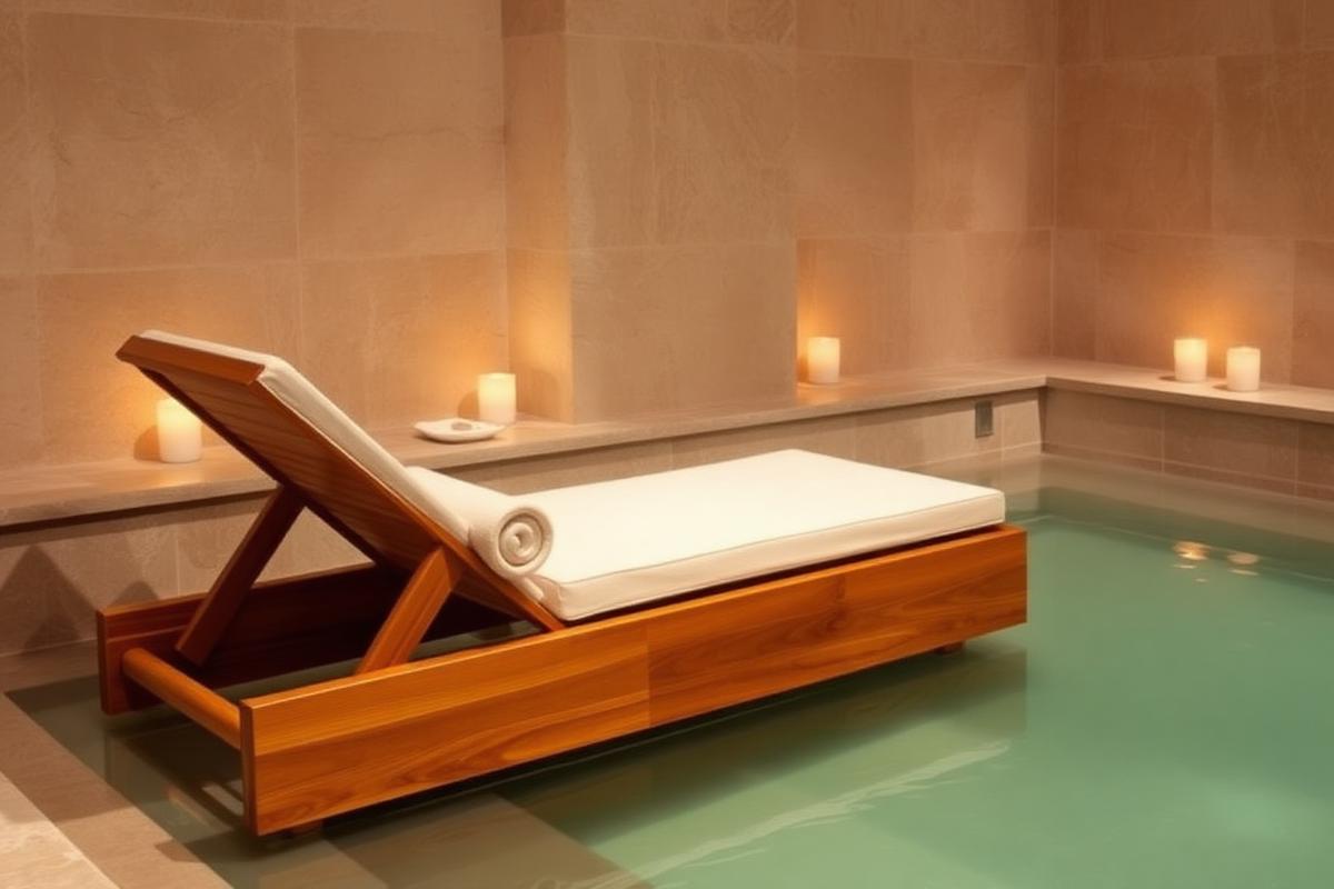 Hospitality wet-area furniture in teak and stone